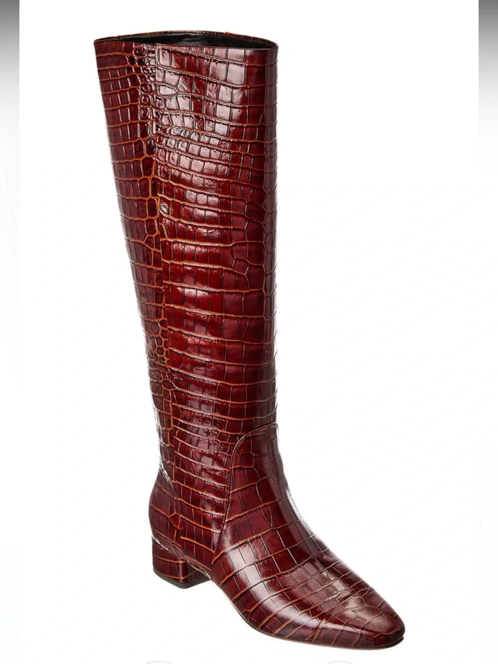 Veronica Beard Cecile Croc-Embossed Leather Knee-High Boot, Red brown 9 NWT 795$